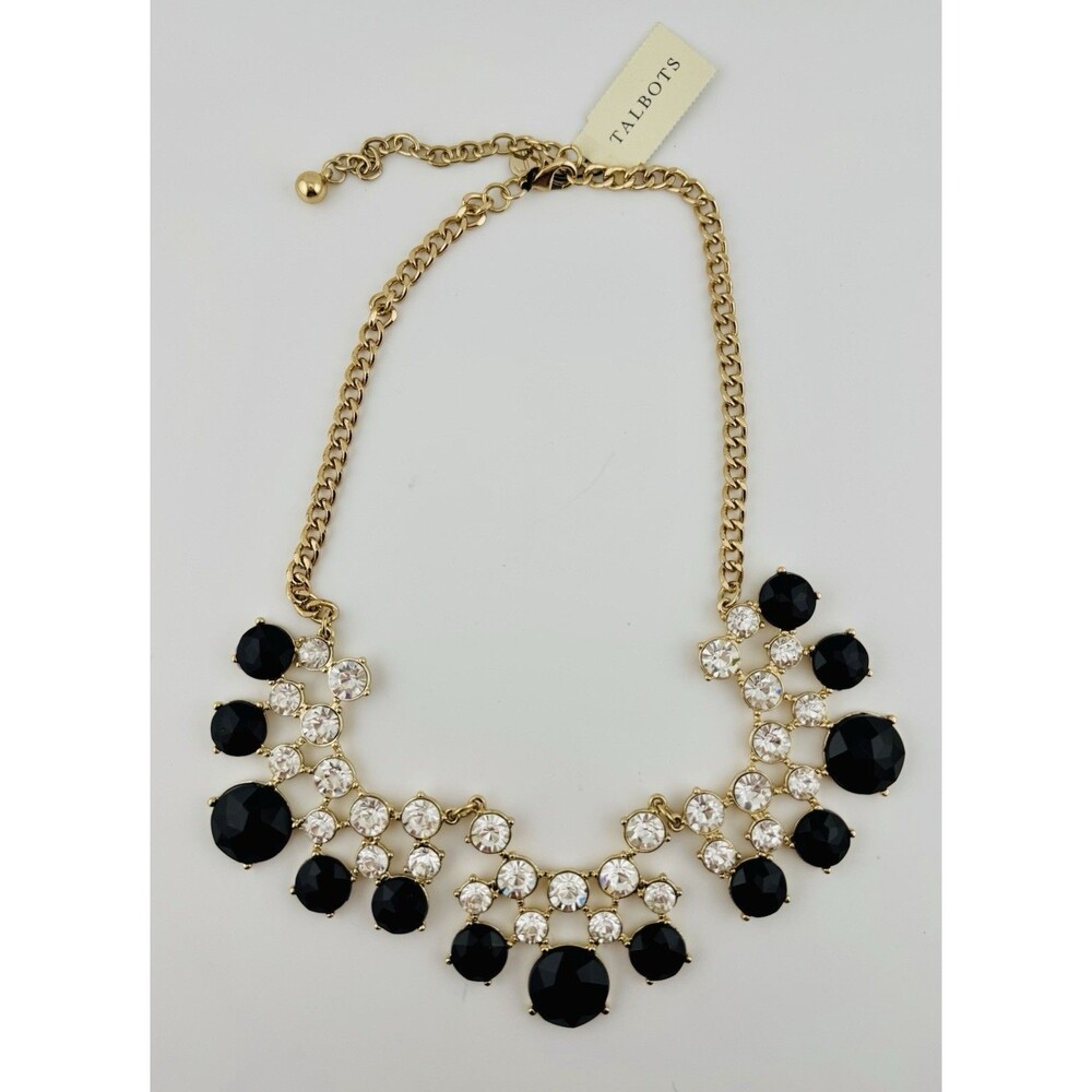 Talbots Statement Necklace NWT Black White Crystal Gold Tone 18” Adjustable
